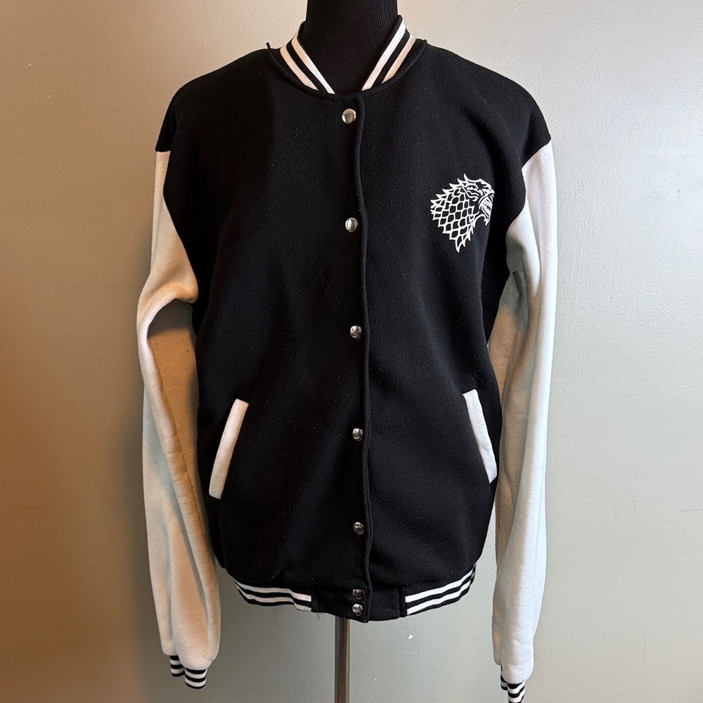 Game of Thrones Stark White Wolf Winter Is Coming Varsity Jacket Sz XL
